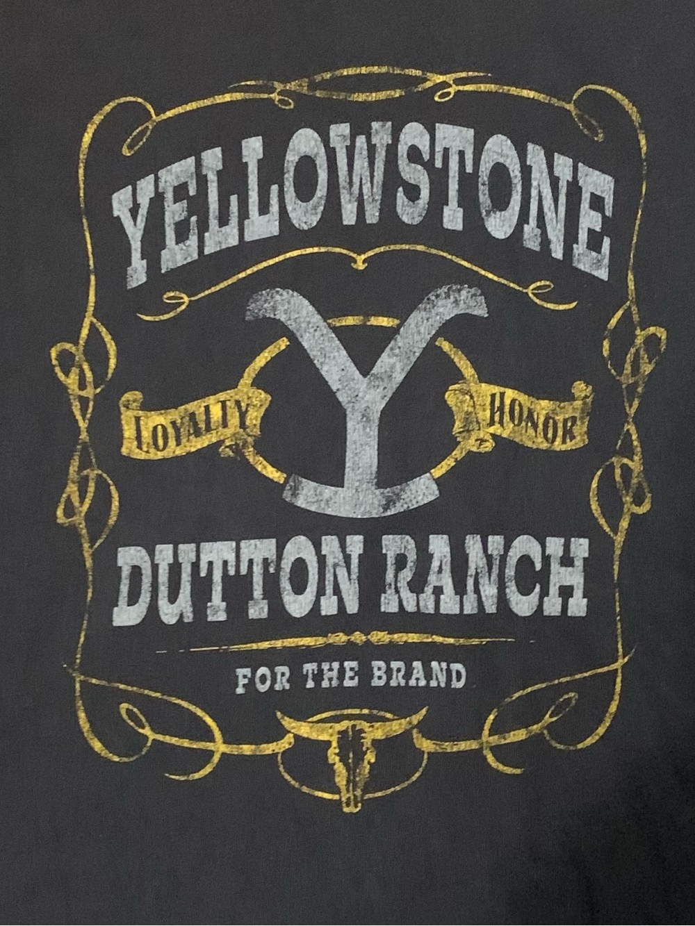 Yellowstone Dutton Ranch Short Sleeve Tee - Black with Gold and Gray Print